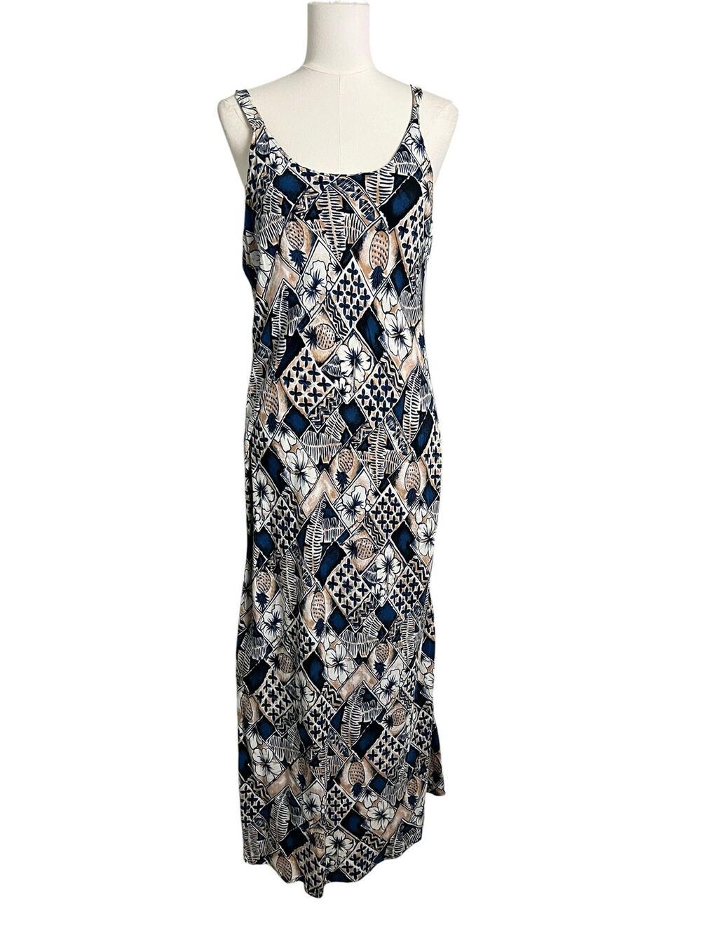 Mango Moon Tropical Hawaiian Maxi Dress Blue Floral Pineapple Sleeveless XL